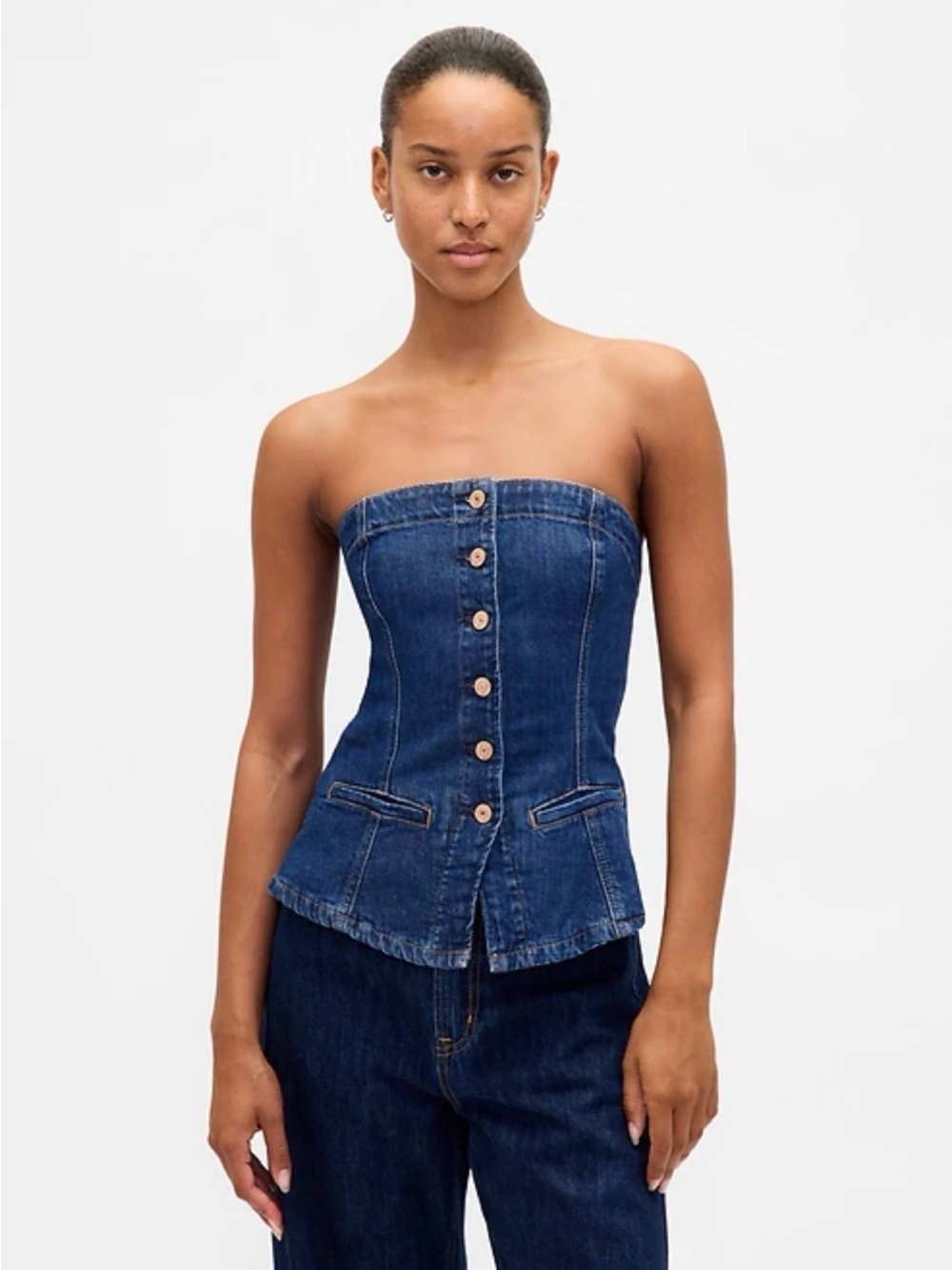NWT Gap Denim Strapless Vest Top Dark Wash Button Front Corset Top Sz 8 Petite